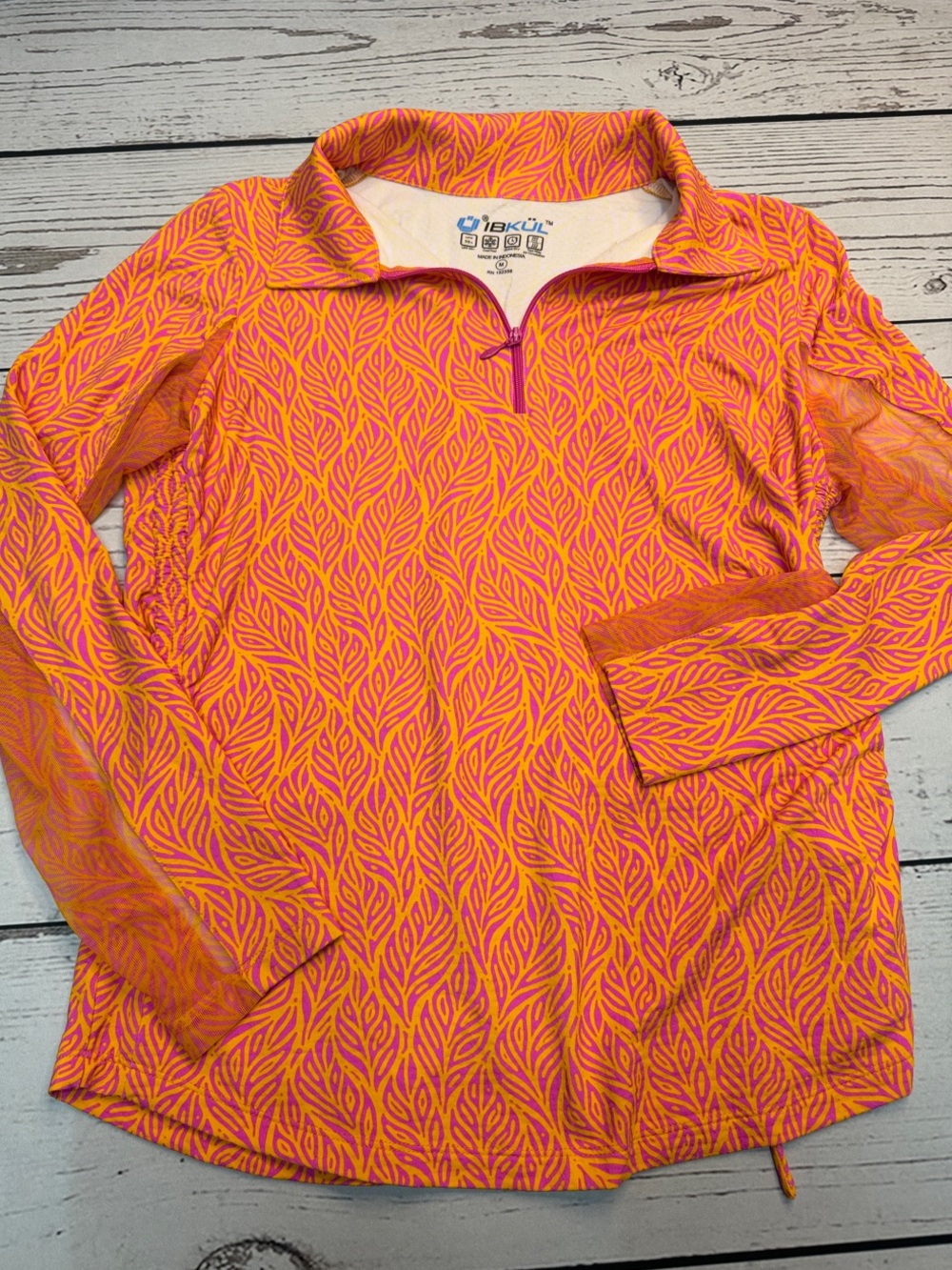 Women’s IBKÜL Bright Orange & Pink Leaf-Print Quarter-Zip Pullover Size M